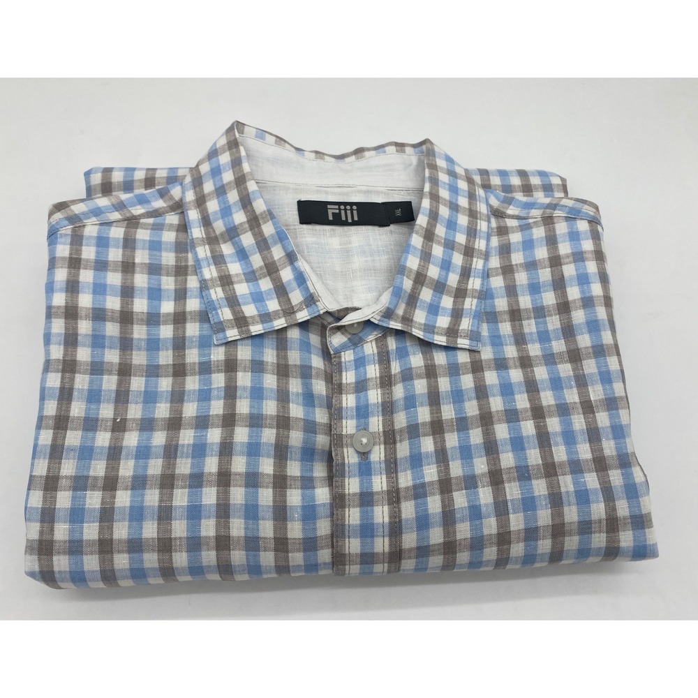Fiji Mens‎ XXL Blue Tan Gingham Check Long Sleeve Button Down 100% Linen Shirt